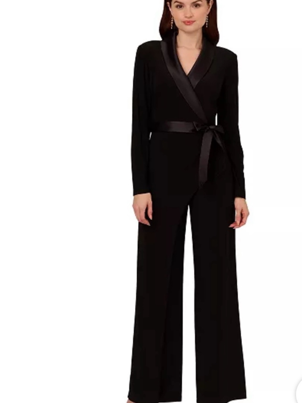 Adrianna Papell Black Satin-Trim Wrap Tuxedo Jumpsuit
